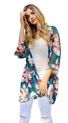 ZEAMO Women Flowy Sheer Crop Sleeves Loose Chiffon/Cotton Kimono Cardigan Blouse Top (Large, Green 4)