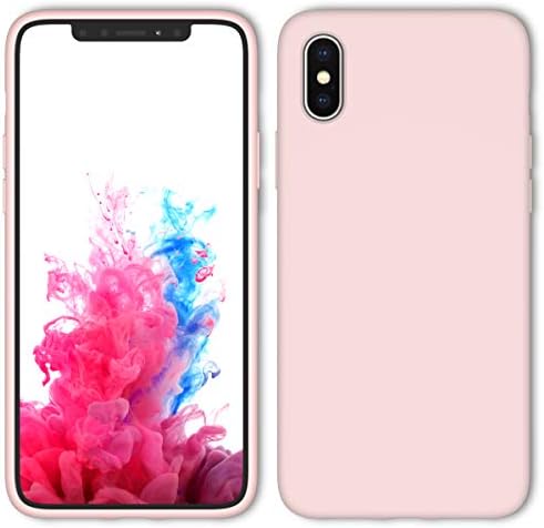 iPhone X Case, iPhone Xs Case with Screen Protector Tempered Glass, Aucaeo 360 Shockproof Protective Liquid Silicone Cases Ultra Thin Slim Cover for Apple iPhone X/XS 5.8 inch 2018, Sand Pink