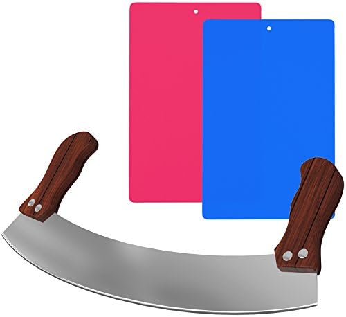 Chopping Knife and Cutting Boards Set by Simple Health, 10" Curved Mezzaluna Wood Handle for Cooking Meat, Salad and Vegetables, Bonus Flexible Folding Mats Included with Anti-Dull Technology
