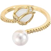 Dainty CZ Tulip Flower Stacking Adjustable Ring for Women 14K Gold Plated Shell Pearl Rose Wedding Promise Expandable Open Wrap Rings Comfort Fit Elegant Engagement Birthday Jewelry Gift