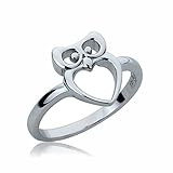 Rhodium Plated Sterling Silver Heart Owl Engagement Band Ring