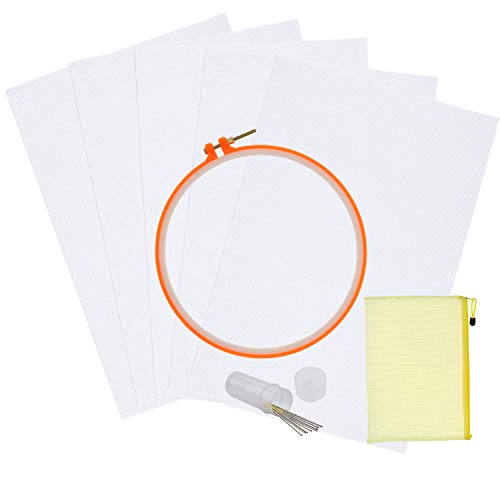 Outuxed 5Pcs 12" by 18" Classic Cotton Reserve Embroidered Aida Cloth Cross Stitch Cloth with 1pack Plastic Embroidery Hoop and 10Pcs Cross Stitch Sewing Needles