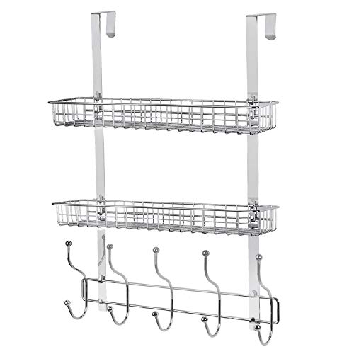 Coat Rack, MILIJIA Over The Door Hanger with Mesh Basket, Detachable Storage Shelf for Towels, Hats, Handbags, Coats (Chrome-2 Layer)