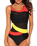 Funnygirl Women's One Piece Mesh Splicing Stripes Color Block Swimsuit Backless Fashion Beach Swimwear Bathing Suit