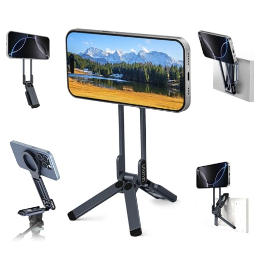 ULANZI Magnetic Phone Tripod for iPhone, MA38 Portable Phone Holder Mini Tripod for Magsafe with Double-Sided Strong Magnetic 1/4'' Arri Locating Hole Foldable Hook for iPhone 16 15 14 13 12, Black