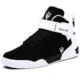 QANSI Men's Classic Leather High Top Lace Up Sneakers Sports Shoes Black/White 10.5 M US