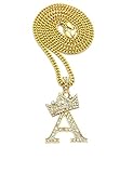 Crown Gold Rhodium Stone Initial Letters Pendant Necklace Cuban Chain