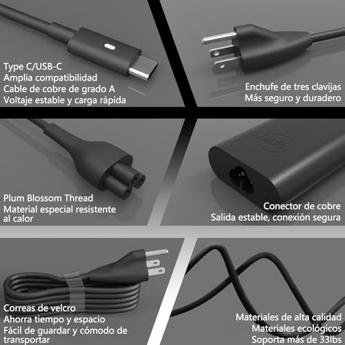 TGHQTR Cargador para Laptop USB C/Tipo C de 65 W,Compatible con Las Series DELL Latitude 3000/5000/7000/9000,Series Inspiron 5000/7000, XPS 13 Chromebook Cargador de Carga Rapida