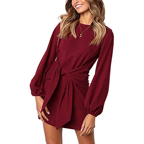 EbuyGo Women\'s Long Sleeve Casual Round Neck Wear to Work Casual Pencil Dress Belt