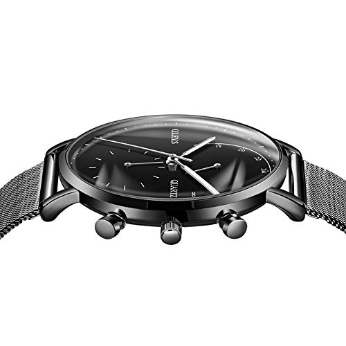 Watch Waterproof Men Creative Fashion Watches for Men Black/Silver Stainless Steel Milanese Loop Band Mesh Strap Black/White Face Dial Japan Movement Analog Quartz Watch Calendar Casual Slim Watches