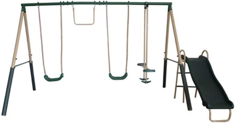 XDP Recreation Central Park Swing Set, 6 Child Capacity, Backyard Playset with Slide, Trapeze, Fun-Glider, and 2 Traditional Swing Seats, Green