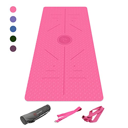 FrenzyBird Eco-Friendly,Reversible,Non-Slip,Double-Sided TPE Yoga Mat with Body Alignment System,Oxford Mat Bag and Strap, Free of PVC and Other Harmful Chemicals, Â¼ inch Thick,Ideal for Yogis