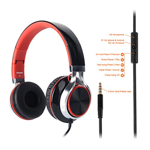 Kanen Wired Stereo Foldable Bass On-ear Headphones Over-ear Headsets Earphones with Microphone 3.5mm for Cellphones Smartphones iphone Laptop Tablet Mp4 Mp3 (Black)