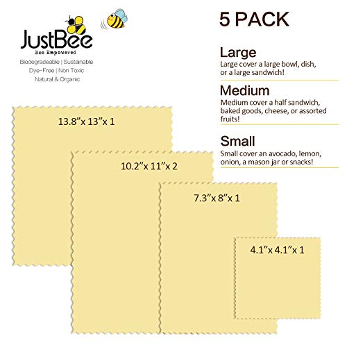 Beeswax Reusable Wrap - 5 Pack Made With 100% Organic Cotton - Plastic Free Food Storage - Eco-Friendly, Sustainable & Biodegradable