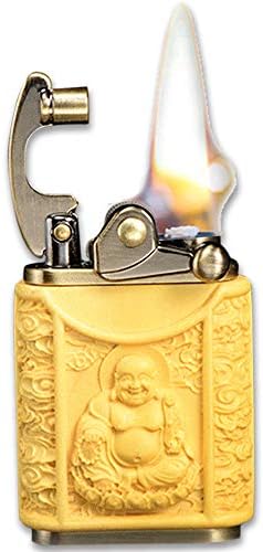 Hand-Carved Alpine lobular boxwoodWooden Case Antique Style Type Soft Flame Rocker Arm Petrol Oil Lighter (Buddha)