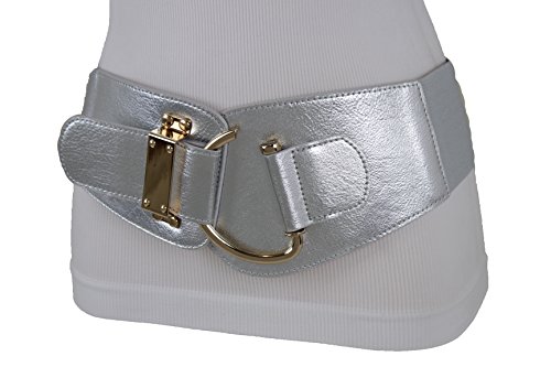 TFJ Women Elastic Belt Hip High Waist Big Gold Hook Buckle Plus Size L XL XXL Silver