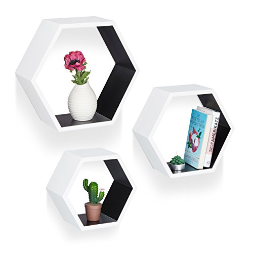 Relaxdays Hexagonal Wall Shelf, Hanging Wooden Bookcase Set of 3, Floating Shelves, Sturdy, MDF, 42x37x15 cm