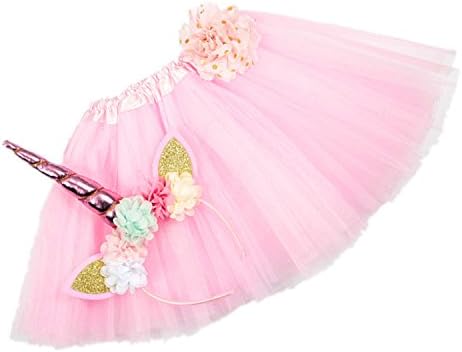 Youlng Girl's Fairy Tulle Tutu Skirt With Adjustable Waistband and Party Unicorn Headband Set (Pink)