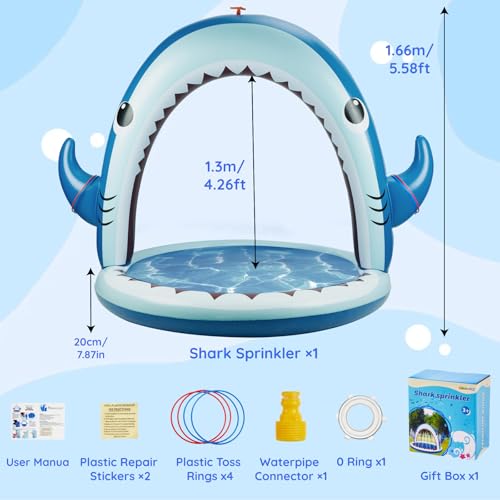 Gleamkid Splash Pad,4-In-1 Inflatable Shark Water Toys for Boys Girls,Summer Outdoor Game with 4 Rings Toss Toy, Garden Toys Sprinkler for Kids,Backyard Water Sprinkler Spray Outdoor Toys