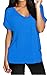 Meaneor Women's Baggy Fit V Neck Turn Up Tunic Tops Loose Basic Shirt Blue XL