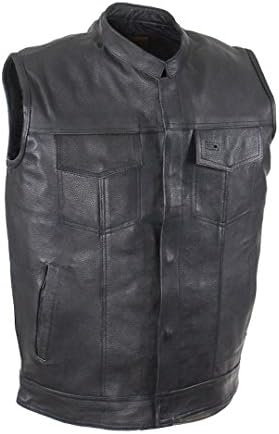 Mens Split Leather Motorcycle Club Vest Solid Back Concealed Snaps Gun Pockets