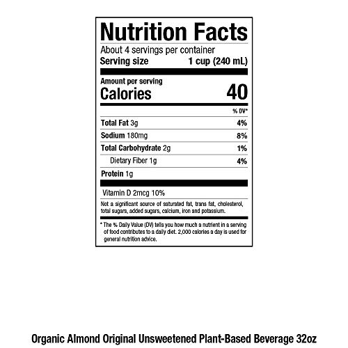 PACIFIC FOODS ORGANIC UNSWEETENED ALMOND MILK, PLANT BASED MILK, 32 OZ CARTON
