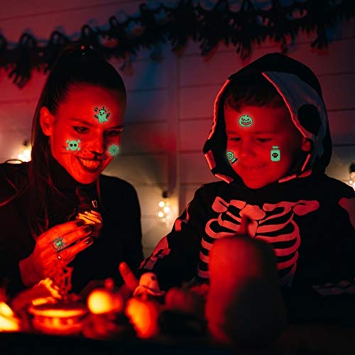 Kids Halloween Temporary Tattoo, MEZOOM 110pcs Glowing in Dark Ghost Temporary Tattoos Luminous Pumpkin Fake Sticker Halloween Themed Cobweb Bat Skeleton Spider for Boys Girls Party