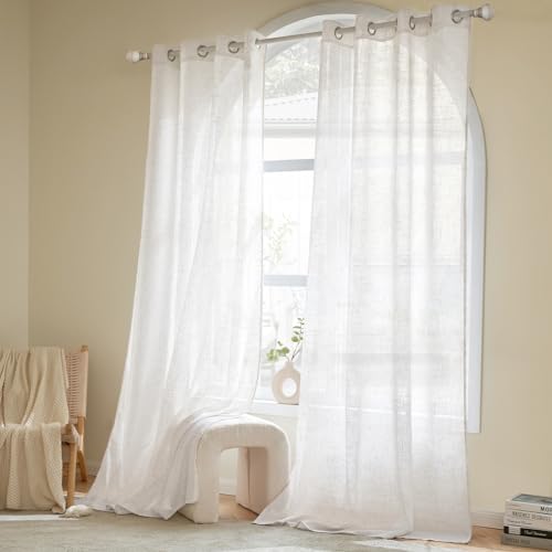 Woaboy Linen Curtains Translucent Net Curtains with Eyelets Modern Decorative for Living Room, Window, Bedroom, 2 Pieces, 140 x 245 cm, White Bleached