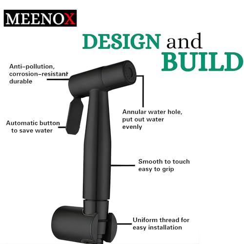 MEENOX - (Black) Handheld Portable Bathroom Shattaf with 1T-Valve - 1.5M Shower Hose - 1 wall mount Bracket - 2 Nails & Glue - Complete Set of Bidet sprayer for toilet