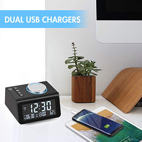 Small Digital Alarm Clock Radio - Dual Alarm, 7 Wake-up Sounds, Display Dimmer, 2 USB Charger, Sleep Timer, Easy to Set, Thermometer, FM Radio Clock w/Battery Backup for Bedrooms, Office, Desk, Travel - Thumbnail 4