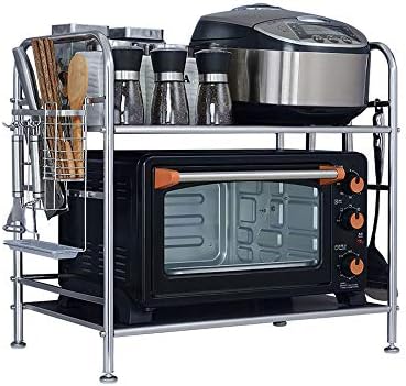 QFFL Kitchen Shelves, 2-Tier Kitchen Baker's Rack,Stainless Steel Microwave Oven Rack,Kitchen Counter Cabinet Shelf,with 8 Hooks Shelving Unit (color : Double layer (A))