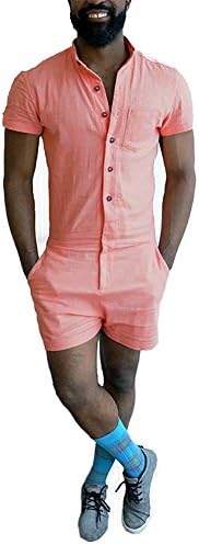 Boyfriend Shorts Mens Short Sleeve Jumpsuit Casual Short Cargo Pants Rompers Slim Fit Party Overalls (Medium, Orange)