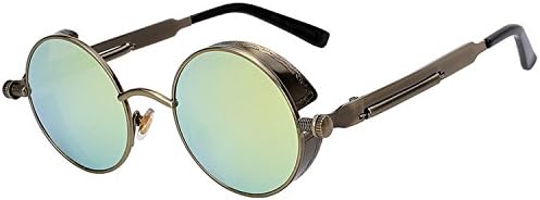 Round Sunglasses for Men Women Steampunk Retro Fashion UV400 (anti brass frame gold mirror lens)