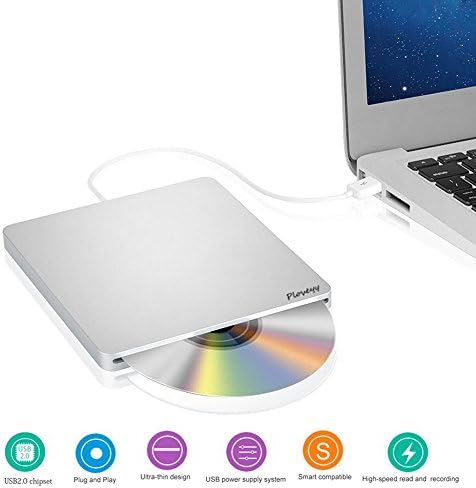 Ploveyy USB External DVD CD Drive Burner Superdrive DVD-R Player for All System 98SE ME 2000 XP Win7 Vista for Apple Mac MacBook Pro/Air iMac (Silver.)