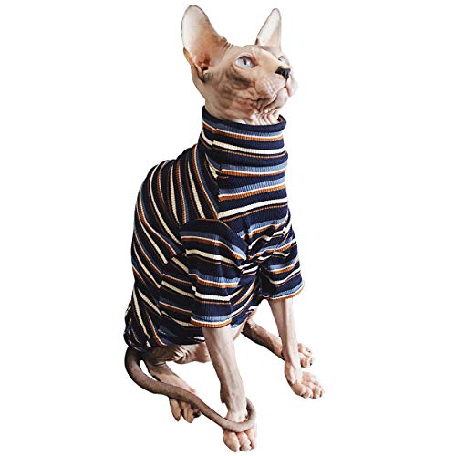 Bonaweite Hairless Cats Stripe T-Shirt, Breathable Cat Wear Clothes Vest Shirts for Sphynx, Cornish Rex, Devon Rex, Peterbald