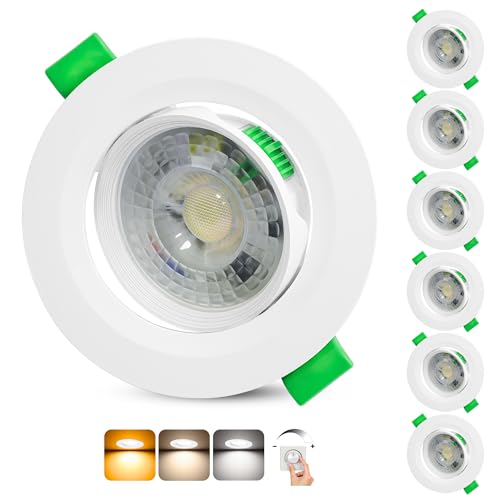 Aulaiyi LED Downlight Recessed Ceiling Dimmable 230V, 5W 500LM LED Spotlights Indoor Rotable Ceiling Warm White Neutral White Cool White, IP44 Extra Flat Portholes, Cut 68-80mm, White 6 Pack