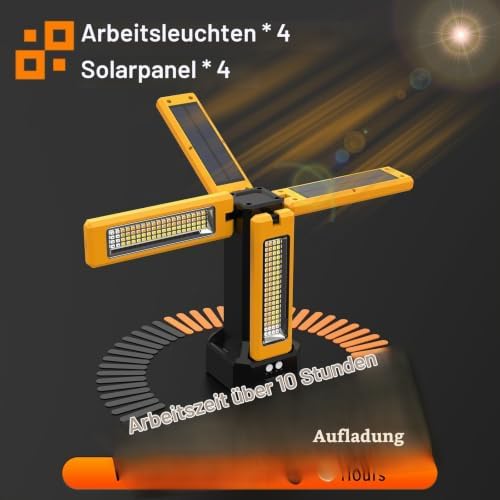 Solar-Akku LED Baustrahler mit Stativ, 13200mAh Kapazität Akku, 8000 Lumen Helligkeit LED Strahler, für Baustellen, Outdoor-Camping, Werkstatt und Studio (Orange ohne Stativ)