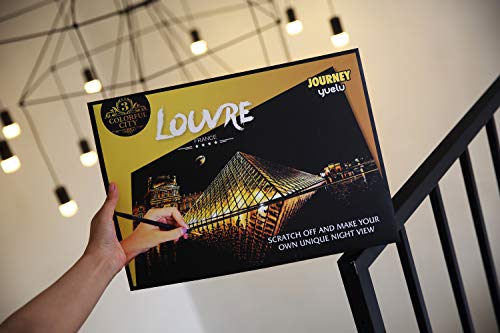 Scratch & Sketch Art Paper for Adults & Kids, Scratch Paper Rainbow Painting Sketch Pads DIY Art Craft Night View Scratchboard with Clean Brush,Scratch Coloring Pen,16 X 11.2 Inches (Louvre) - Thumbnail 7