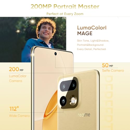 realme 16 Pro+ 5G Smartphone 8 + 256 GB, Gold Master, 6.8 Inch AMOLED 144 Hz, 80 W Ultra Fast Charging, 7000 mAh Battery, Triple Camera 200 MP, Snapdragon 7 Gen4, Front Camera 50 MP, IP69