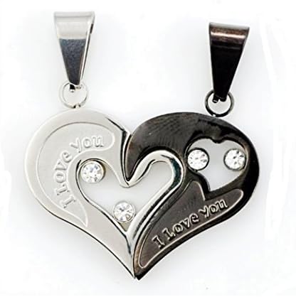 huhuniuCouples Split Diamond Heart-shaped Necklace I Love You Titanium Steel Necklace