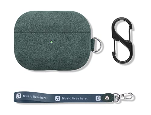 Haobobro Case with Removable Keychain/Lanyard for AirPods Pro, Fully-Wrapped Synthetic Suede (Alcantara Material) Case Cover with Soft Microfiber Cloth Lining Cushion, Dark green