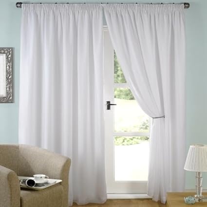 Luxury White Lined Voile Curtains Pencil Pleat 46 Wide X 72 Drop
