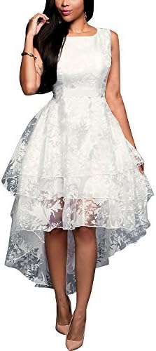 Zecoo Women's White Floral Print Gauze Panel Multi Layer Sleeveless Hi-lo Dress (XXXL, white)