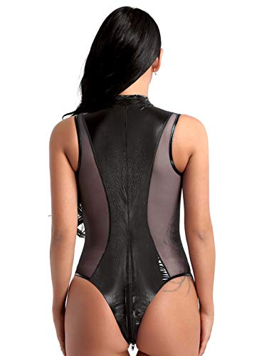 iEFiEL Wetlook Damen Body Stehkragen Leder-Optik Bodysuit mit Reißverschluss Transparent Mesh Bodysuit Slim Fit Teddy… – Bild 3