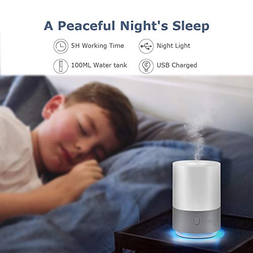 Essential Oil Diffuser Humidifier 100ML, Small Cool Mist Humidifier, USB Powered Essential Oils Diffuser with 7-Color Mood Lights, Mini Air Humidifier Vaporizer with Auto Shut Off Function, Gift Idea