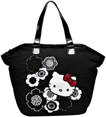 Hello Kitty Bag Wool Blend Embroidered Tote Bag Shopper Bag Black Extra-large XL Shoulder Bag with Patent Leather Handles and Padding Dimensions (HxWxD): 33 x 37 x 5 cm