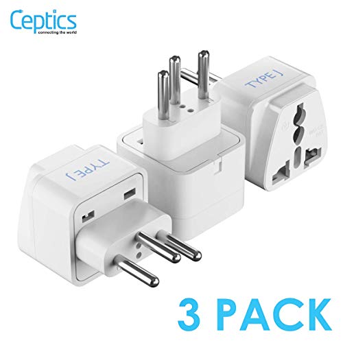 Ceptics Switzerland Travel Plug Adapter (Type J) - 3 Pack [Grounded & Universal] (GP-11A-3PK)