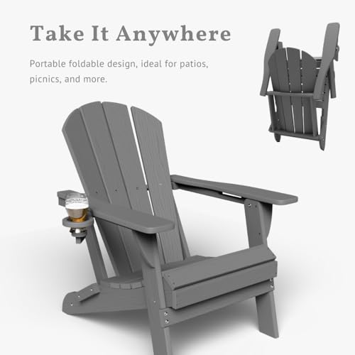Patio Kingdom Folding Adirondack Chair with Cup Holders, HDPE Plastic Outdoor Chairs, Weather Resistant, Real Wood Look for Patio, Deck, Fire Pit, Backyard, Gray