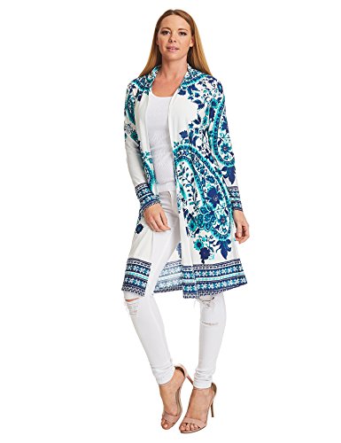 MBJ WSK1334 Womens Print Long Sleeve Open Front Long Cardigan XXL TEAL_WHITE
