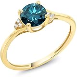 10K Yellow Gold Diamond Accent Engagement Ring Set with 6mm 0.85 Ct Round Blue Diamond